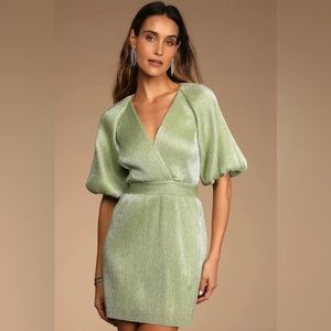 NWT Ethereal Angel Light Green Glitter Puff Sleeve Mini Dress